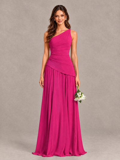 BOLODOO Hot Pink One-Shoulder Lace-Up Back Bridesmaid Dress - Hot Pink - Hot Pink_1