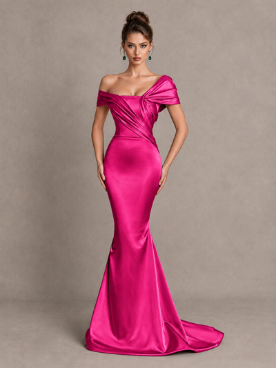 BOLODOO Hot Pink Off-Shoulder Satin Mermaid Prom Dress - Hot Pink - Hot Pink_1