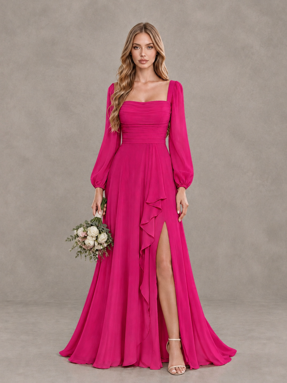 BOLODOO Hot Pink Square Neck Long Sleeve Bridesmaid Dress with Ruffle Slit - Hot Pink - Hot Pink_1