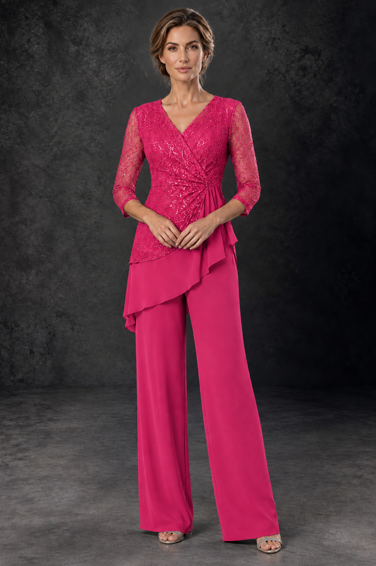 BOLODOO Hot Pink Sequin Lace 3/4 Sleeve Chiffon Mother of the Bride Pant Suit - Hot Pink - Hot_Pink_1