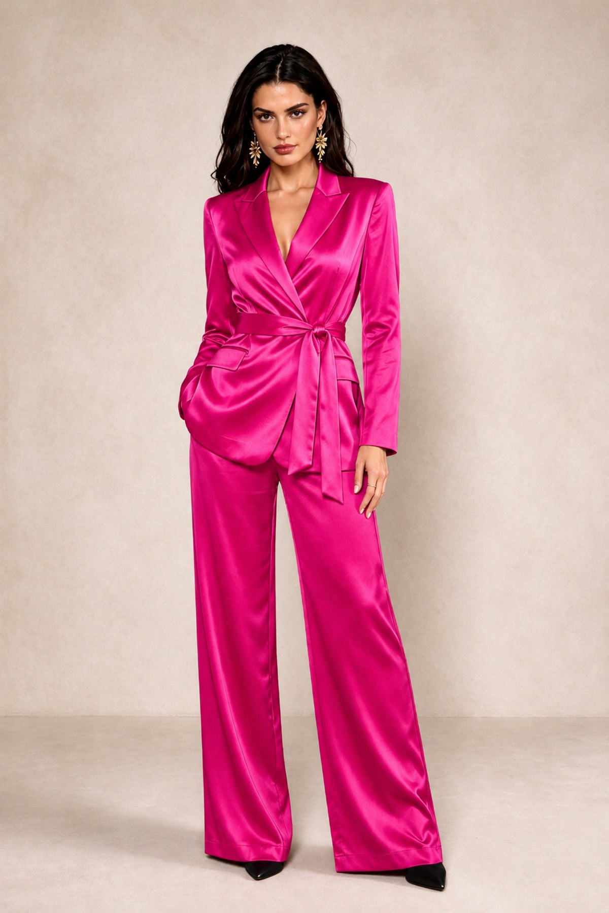 Hot Pink Satin Wrap Blazer Wide-Leg Pants Two-Piece Suit Set | BOLODOO