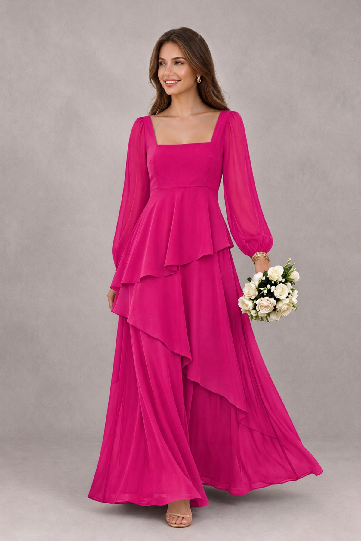 BOLODOO Hot Pink Long Sleeve Ruffle Bridesmaid Dresses - Hot Pink - Hot Pink_1