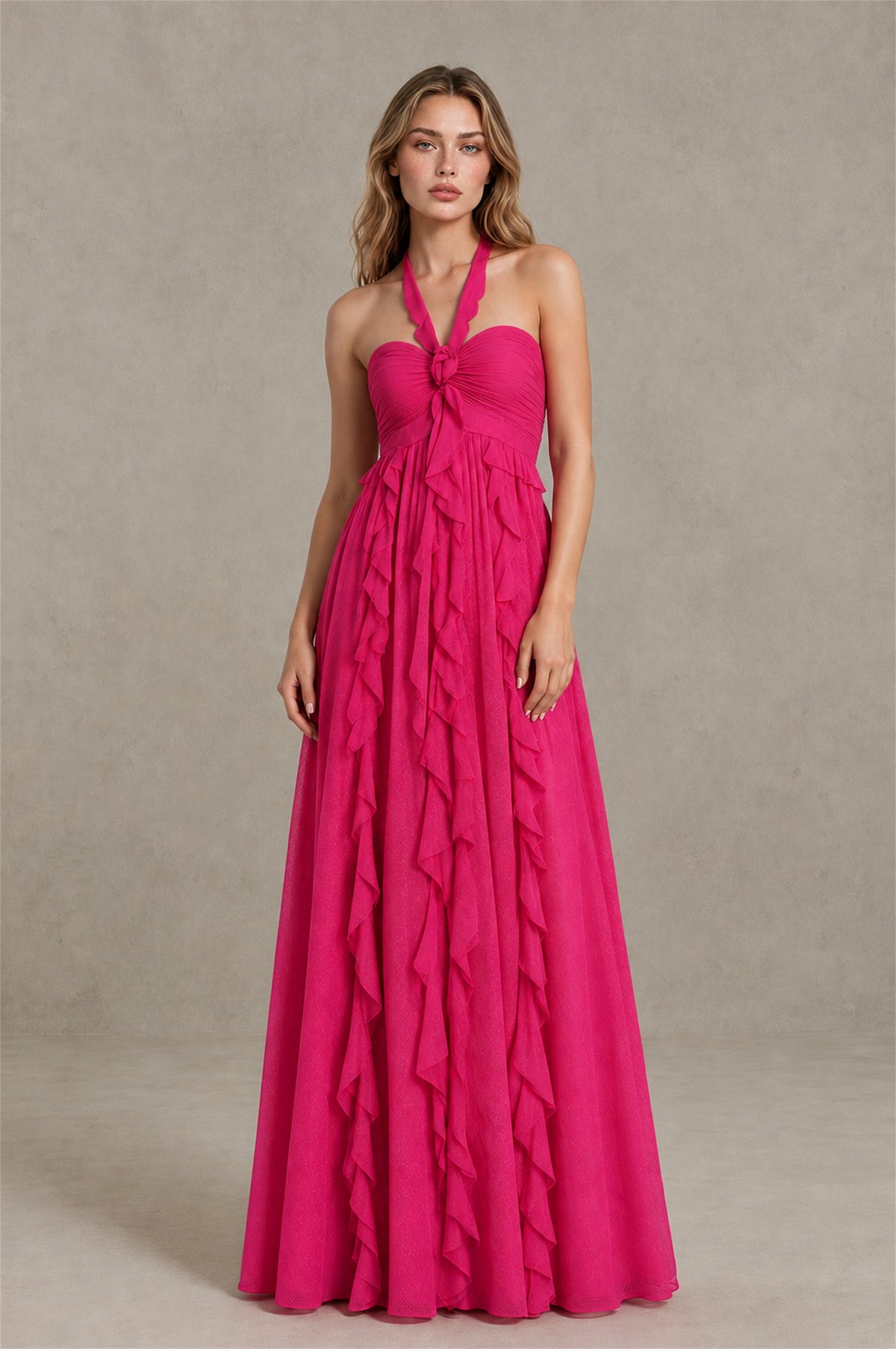 BOLODOO Hot Pink Halter Ruffle A-Line Floor-Length Evening Dress - Hot Pink - Hot_Pink_1