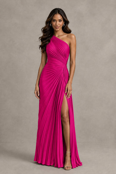 BOLODOO Hot Pink One Shoulder Pleated Evening Dress with Ruched Waist and High Slit - Hot Pink - Hot Pink_1