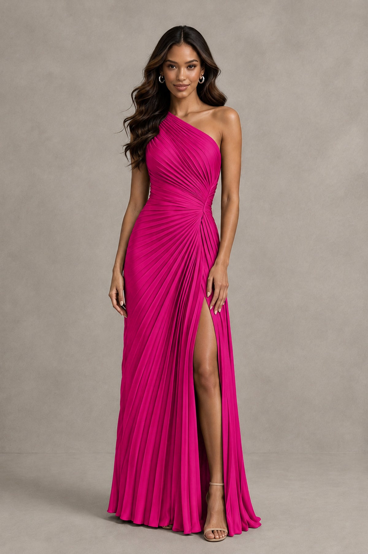 BOLODOO Hot Pink One Shoulder Pleated Evening Dress with Ruched Waist and High Slit - Hot Pink - Hot Pink_1