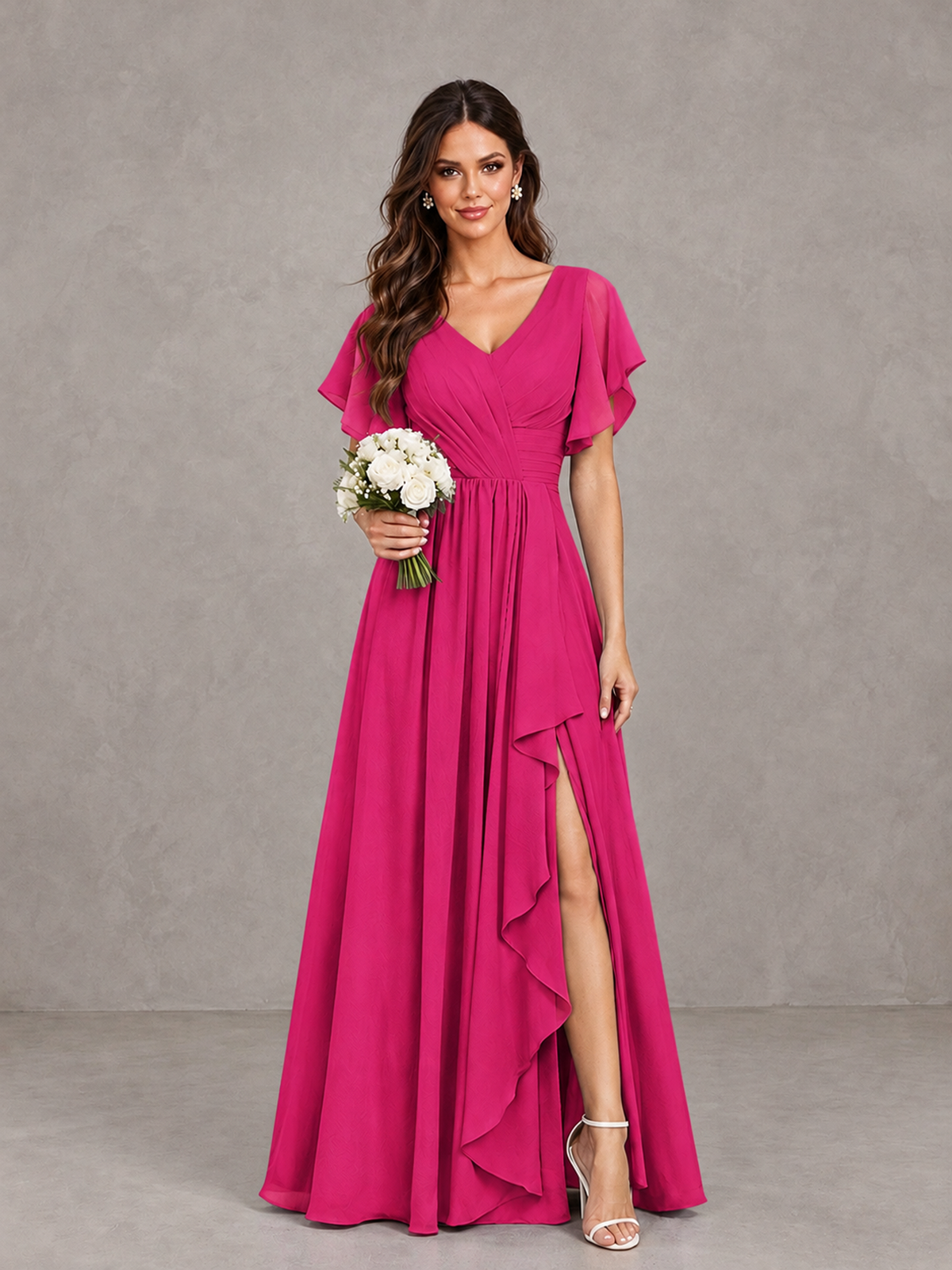 BOLODOO Hot Pink Flutter Sleeve V-Neck Bridesmaid Dress with Ruffle Slit - Hot Pink - Hot Pink_1