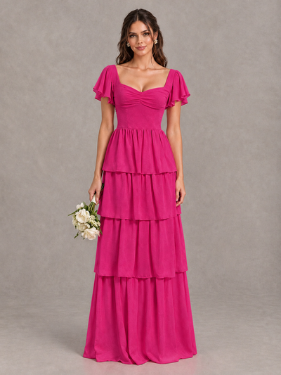 BOLODOO Hot Pink Flutter Sleeve Tiered Maxi Bridesmaid Dress - Hot Pink - Hot Pink_1