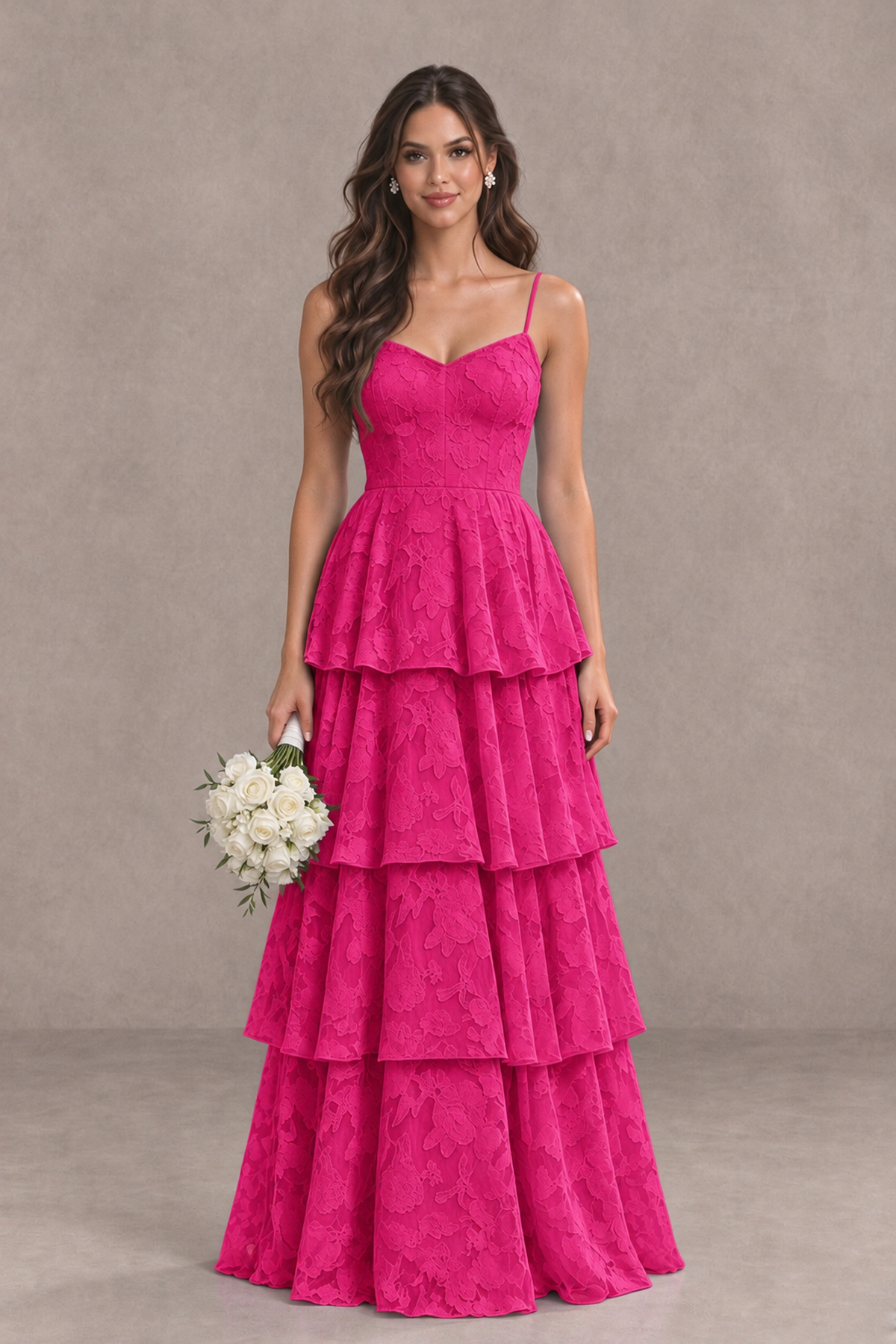 BOLODOO Hot Pink Tiered Floral-Textured Spaghetti Strap Maxi Dress - Hot Pink - Hot Pink_1