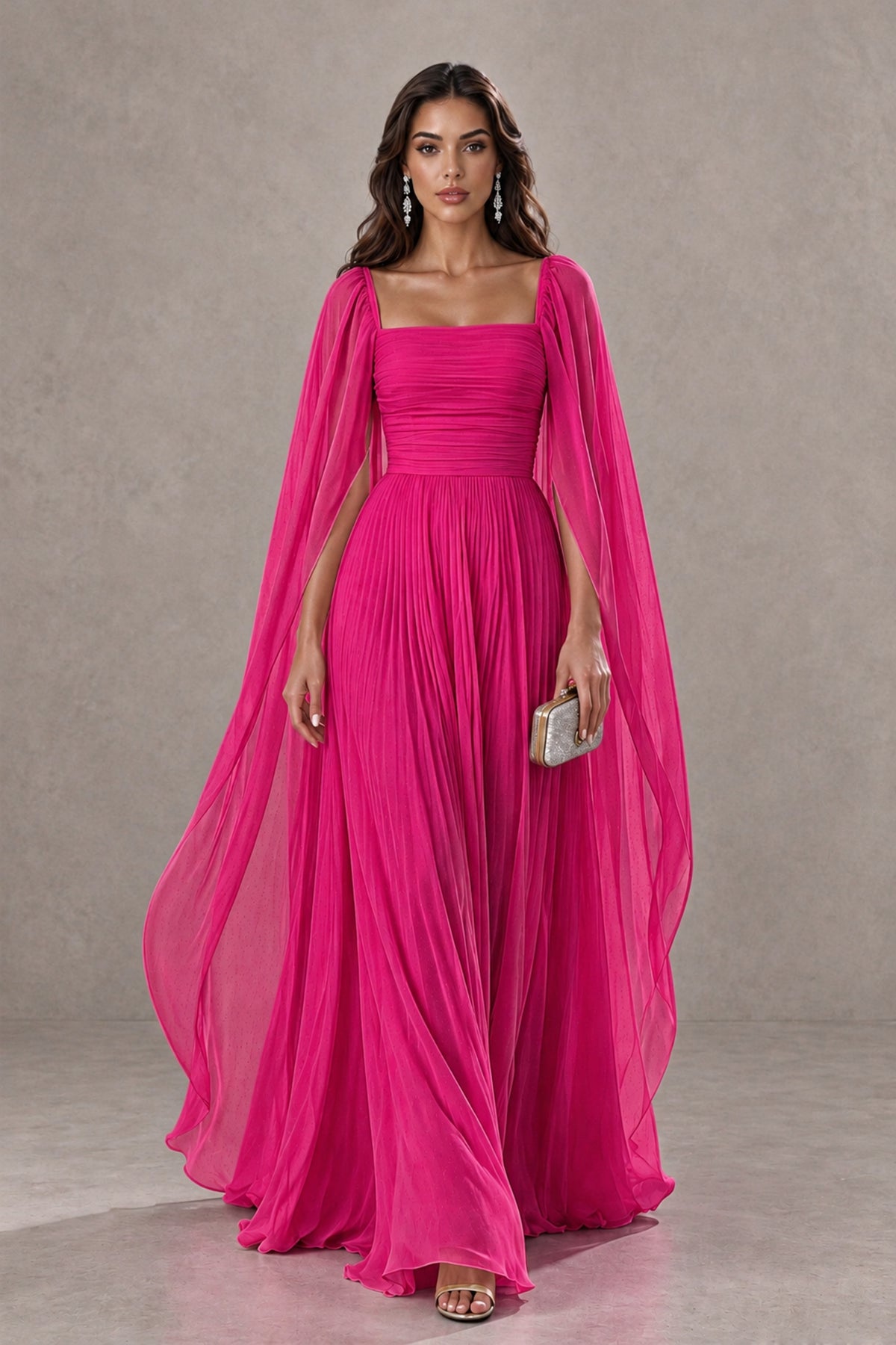BOLODOO Hot Pink Square Neck Cape Sleeve A-Line Evening Dress - Hot Pink - Hot_Pink_1
