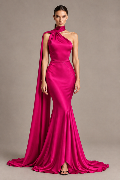 BOLODOO Hot Pink One-Shoulder Satin Mermaid Evening Dress with Scarf - Hot Pink - Hot Pink_1