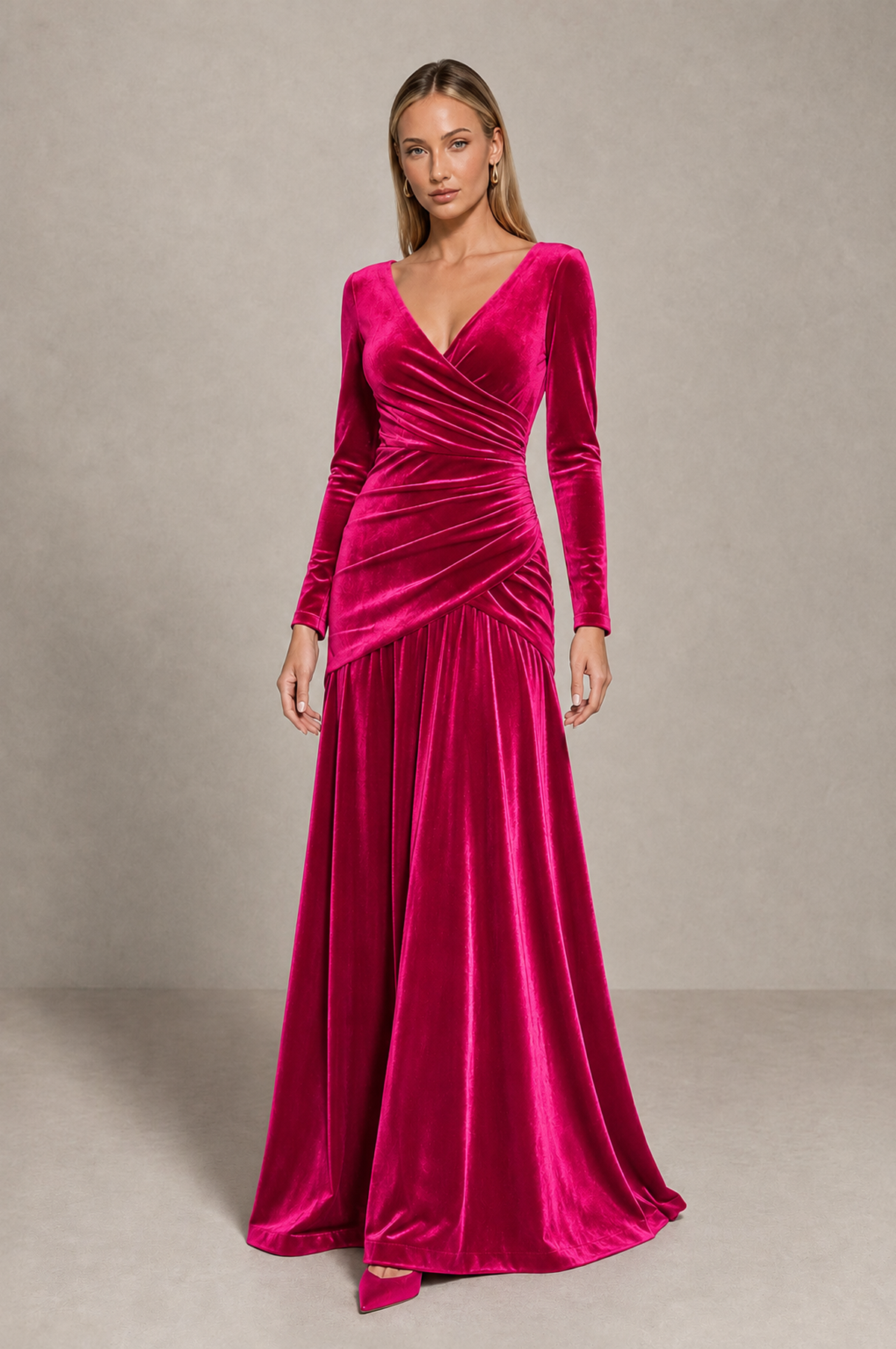 BOLODOO Hot Pink Velvet Long Sleeve V-Neck Ruched Evening Dress - Hot Pink - Hot_Pink_1