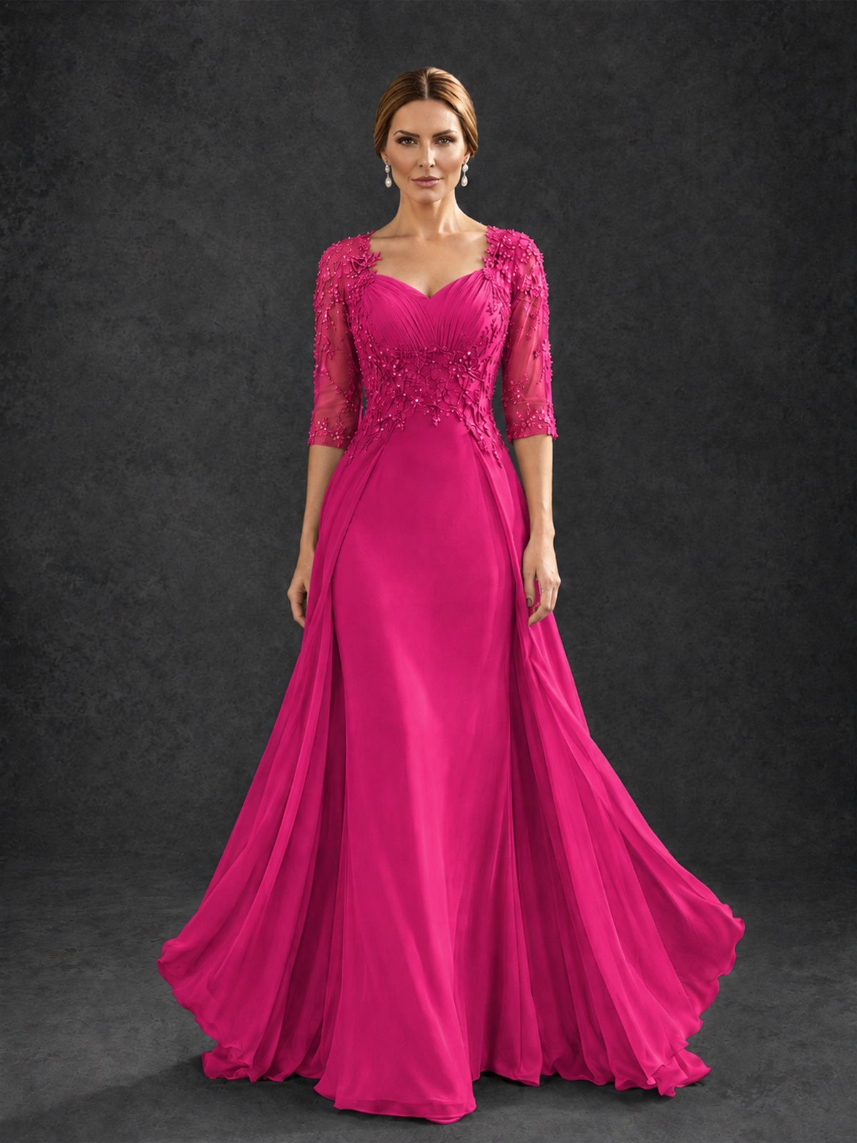 BOLODOO Hot Pink Sweetheart Neck 3/4 Sleeve Floral Lace Illusion Bodice Chiffon A-Line Gown - Hot Pink - Hot Pink_1