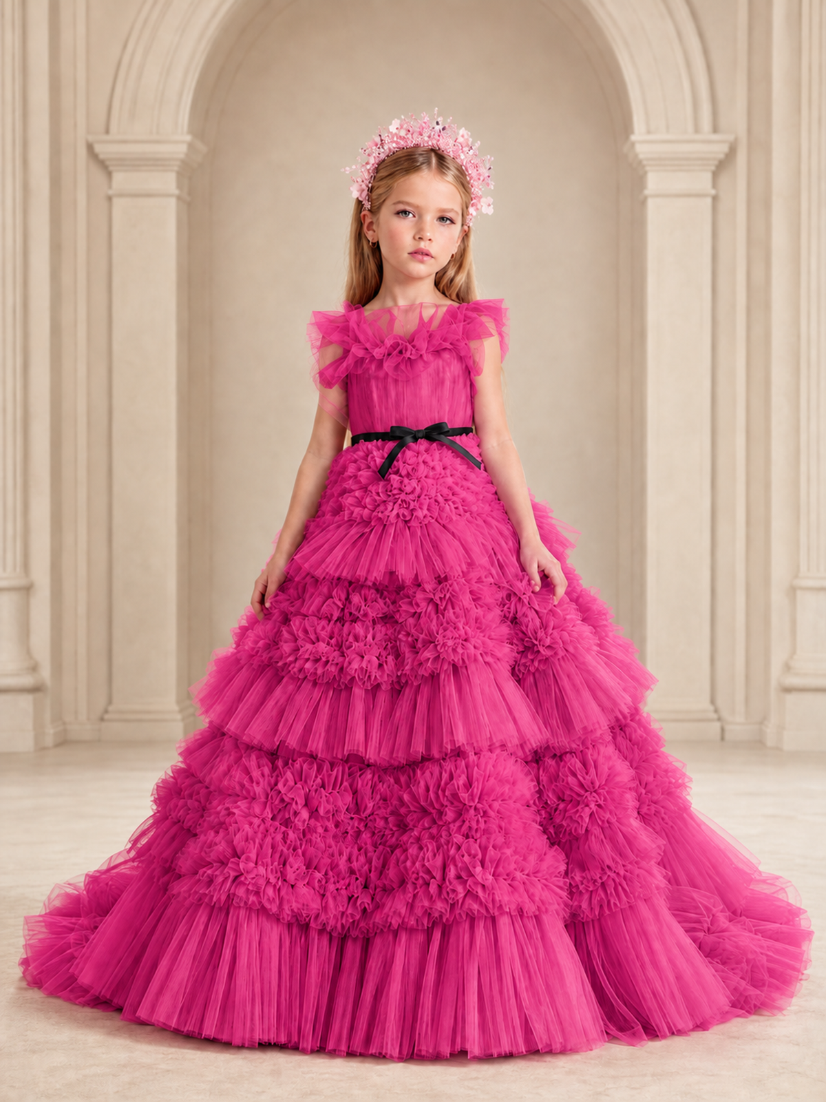 BOLODOO Hot Pink Tiered Tulle Flower Girl Dress with Floral Appliques - Hot Pink - Hot Pink_1
