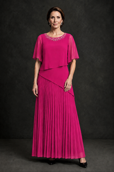 BOLODOO Hot Pink Pearl Beaded Neck Asymmetric Tiered Flutter Sleeve Pleated Chiffon Maxi Dress - Hot Pink - Hot_Pink_1