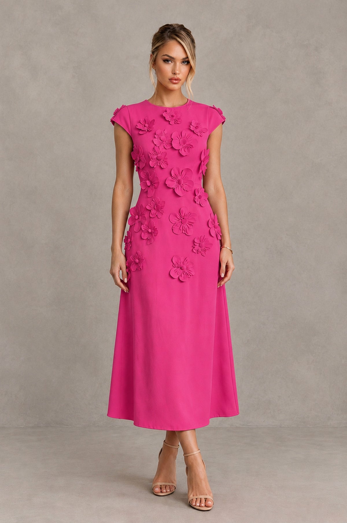 BOLODOO Hot Pink 3D Floral Cap Sleeve Midi Cocktail Dress - Hot Pink - Hot Pink_1