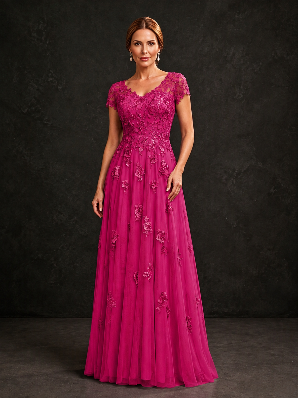BOLODOO Hot Pink Cap Sleeve Lace Appliqué A-Line Formal Gown | Mother of the Bride Dress - Hot Pink - Hot Pink_1
