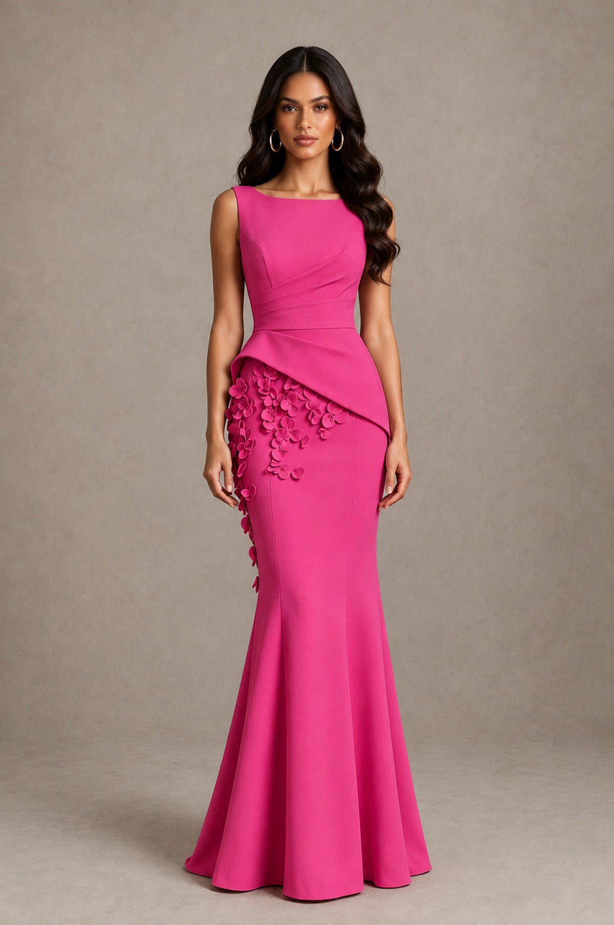BOLODOO Hot Pink Bateau Neck Sleeveless Asymmetric Peplum 3D Petal Appliqué Mermaid Gown BD0421 - Hot Pink - Hot Pink_1