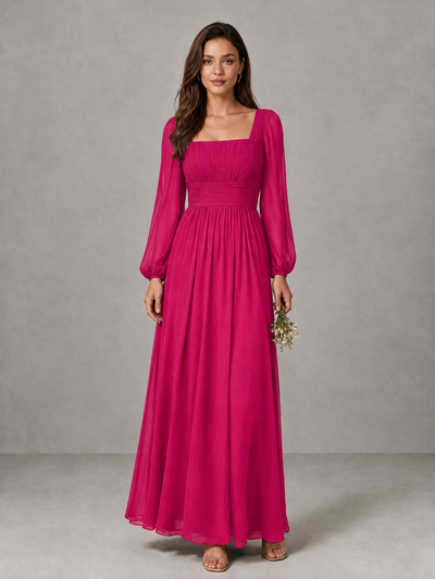 BOLODOO Hot Pink Square Neck Long Sleeve Chiffon Bridesmaid Dress - Hot Pink - Hot Pink_1