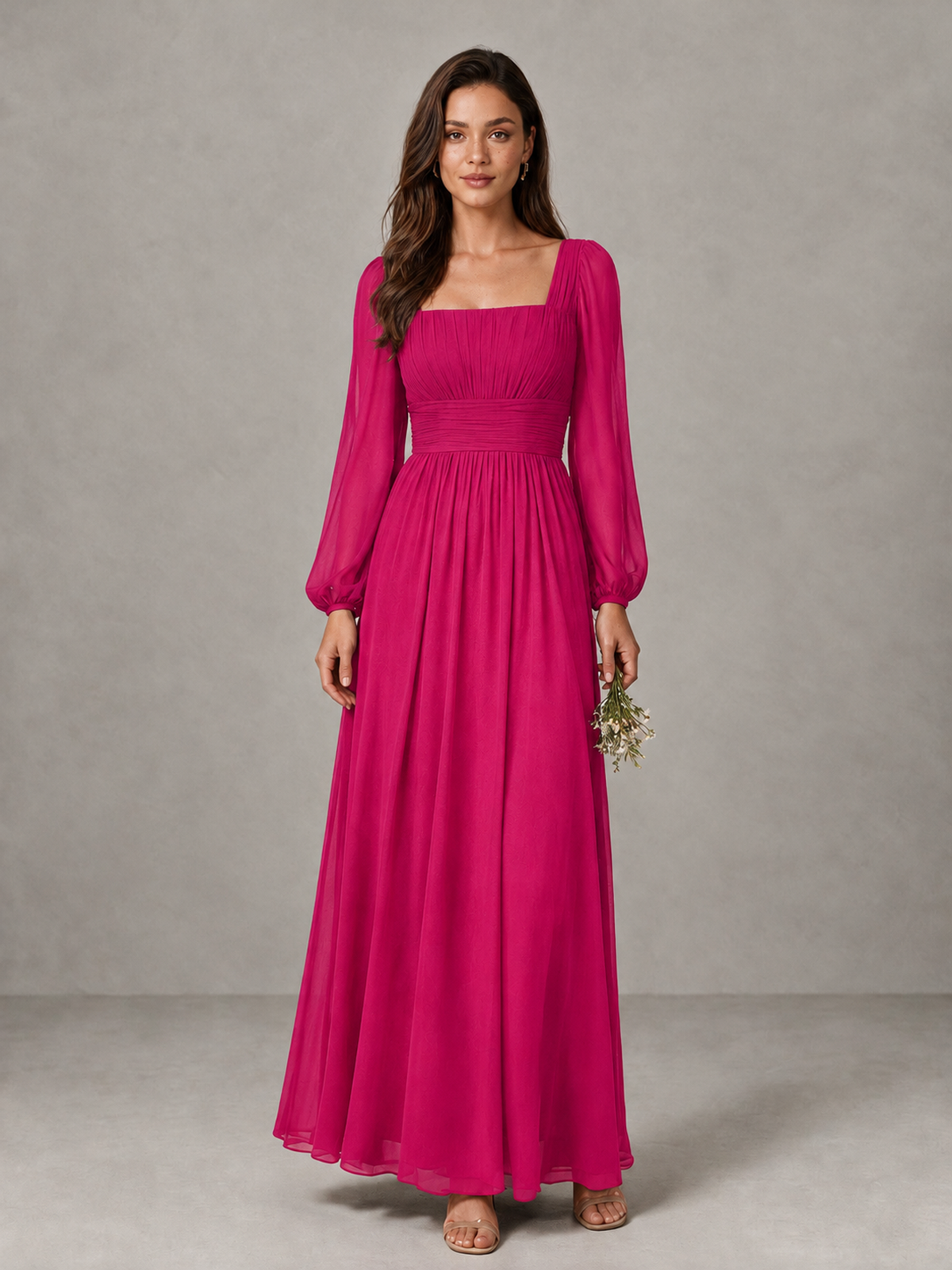 BOLODOO Hot Pink Square Neck Long Sleeve Chiffon Bridesmaid Dress - Hot Pink - Hot Pink_1