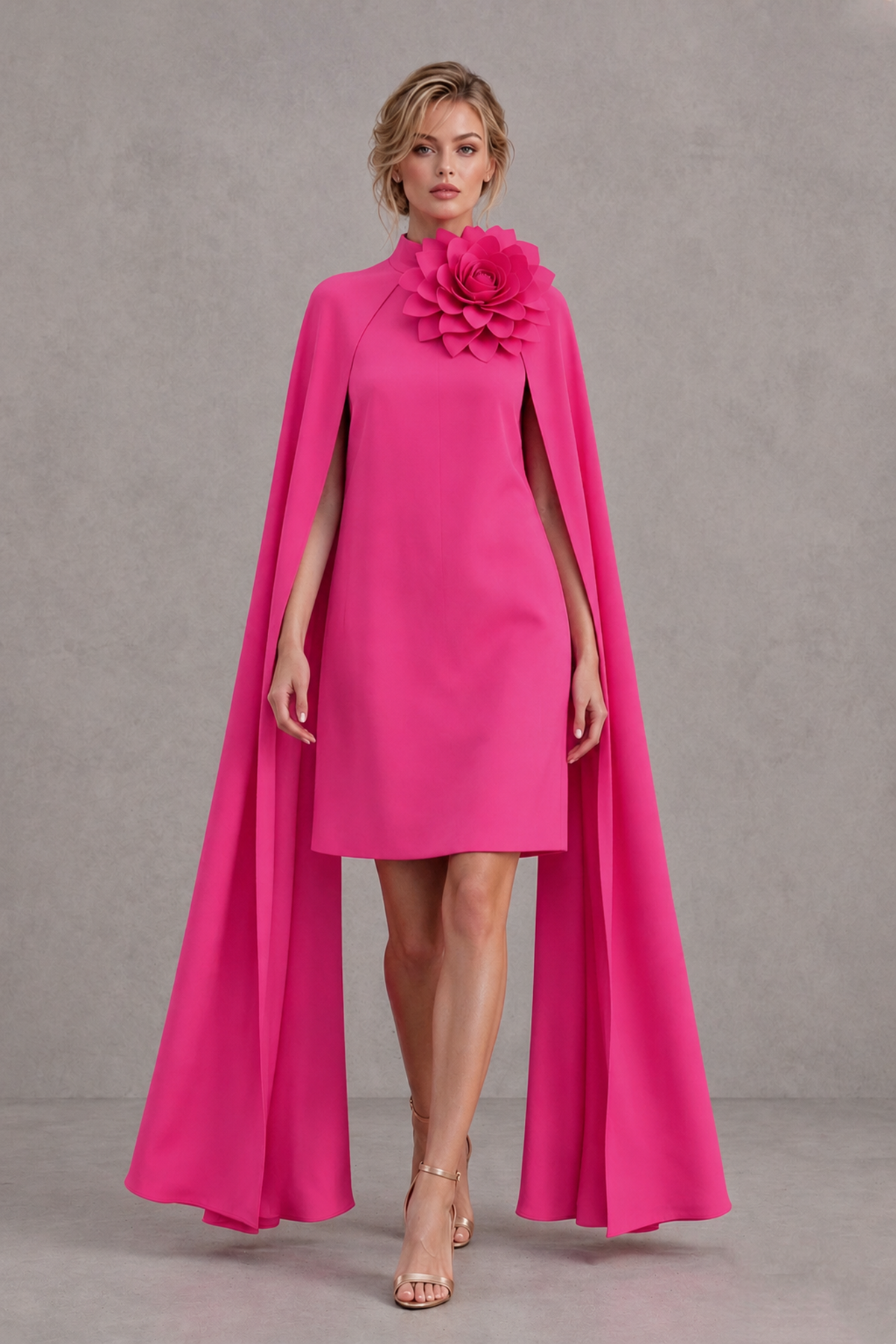 BOLODOO Hot Pink High Neck Floral Cape Mini Cocktail Dress - Hot Pink - Hot Pink_1