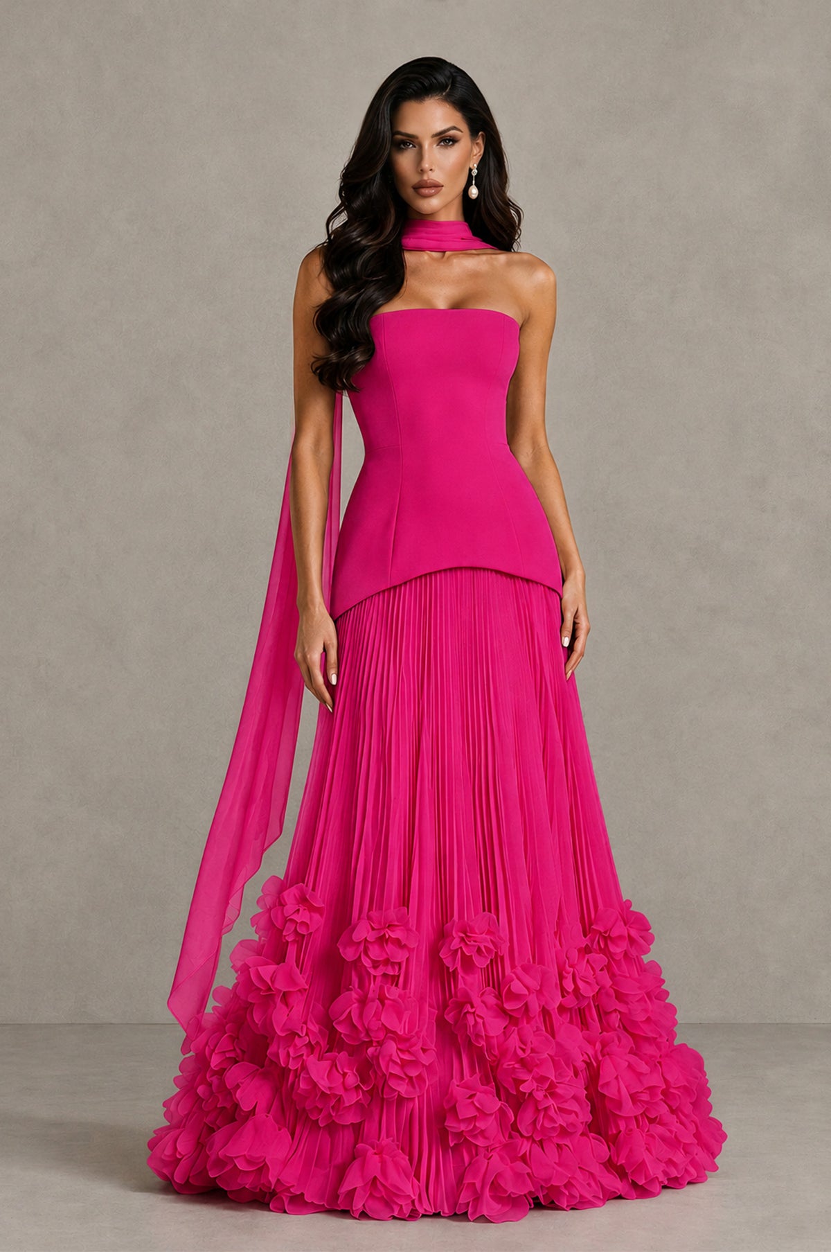 BOLODOO Hot Pink Strapless Pleated Floral Hem Evening Gown - Hot Pink - Hot Pink_1