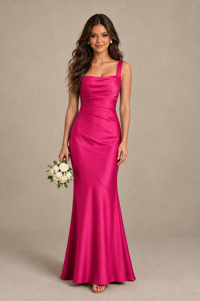 BOLODOO Hot Pink Square Neck Ruched Satin Lace-Up Bridesmaid Dress - Hot Pink - Hot Pink_1