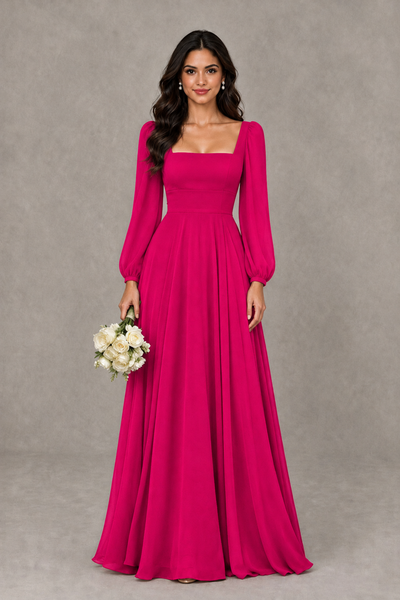 BOLODOO Hot Pink Square Neck Long Sleeve A-Line Bridesmaid Dress - Hot Pink - Hot Pink_1