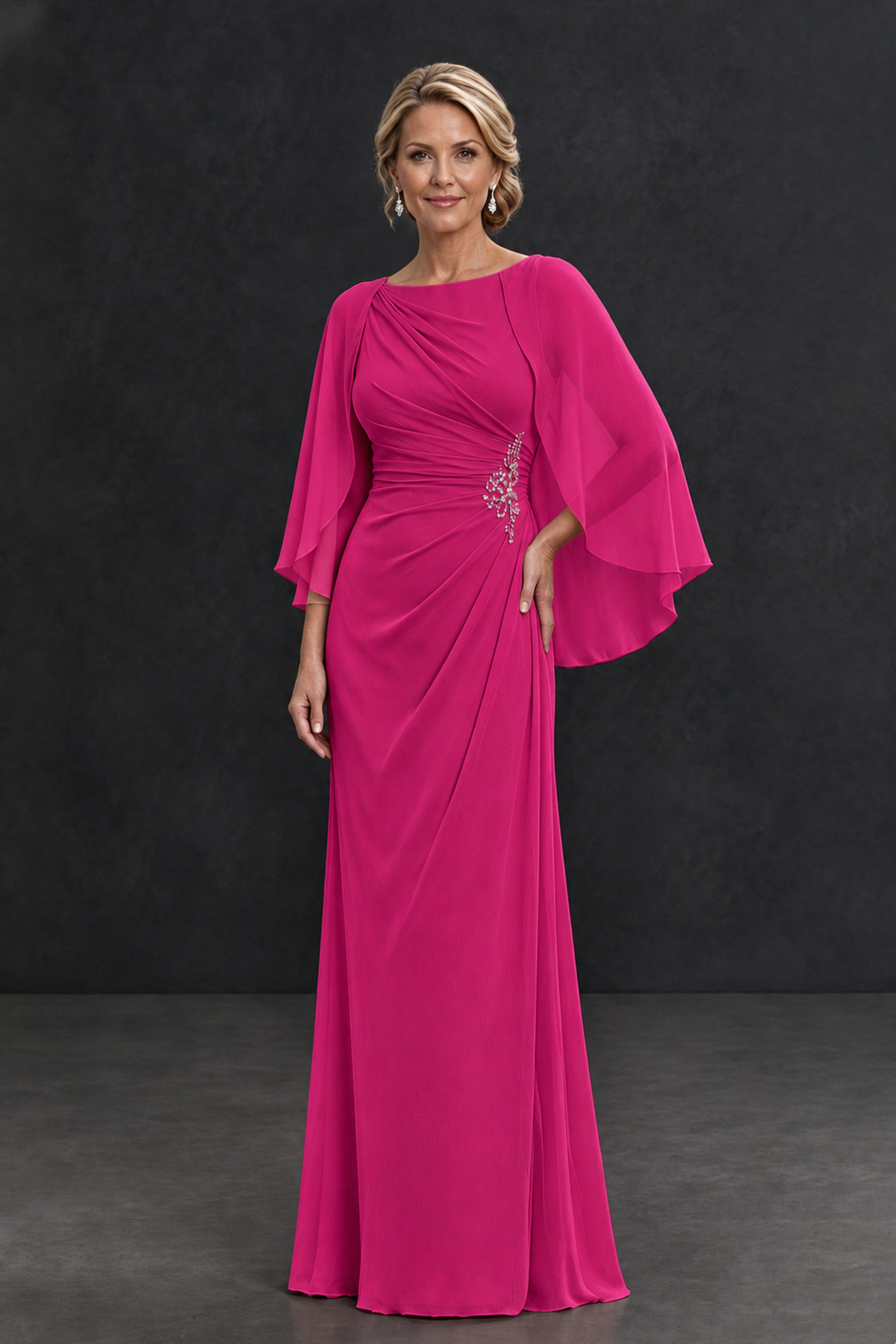 BOLODOO Hot Pink Cape Sleeve Mother of the Bride Dress with Ruched Waist - Hot Pink - Hot Pink_1