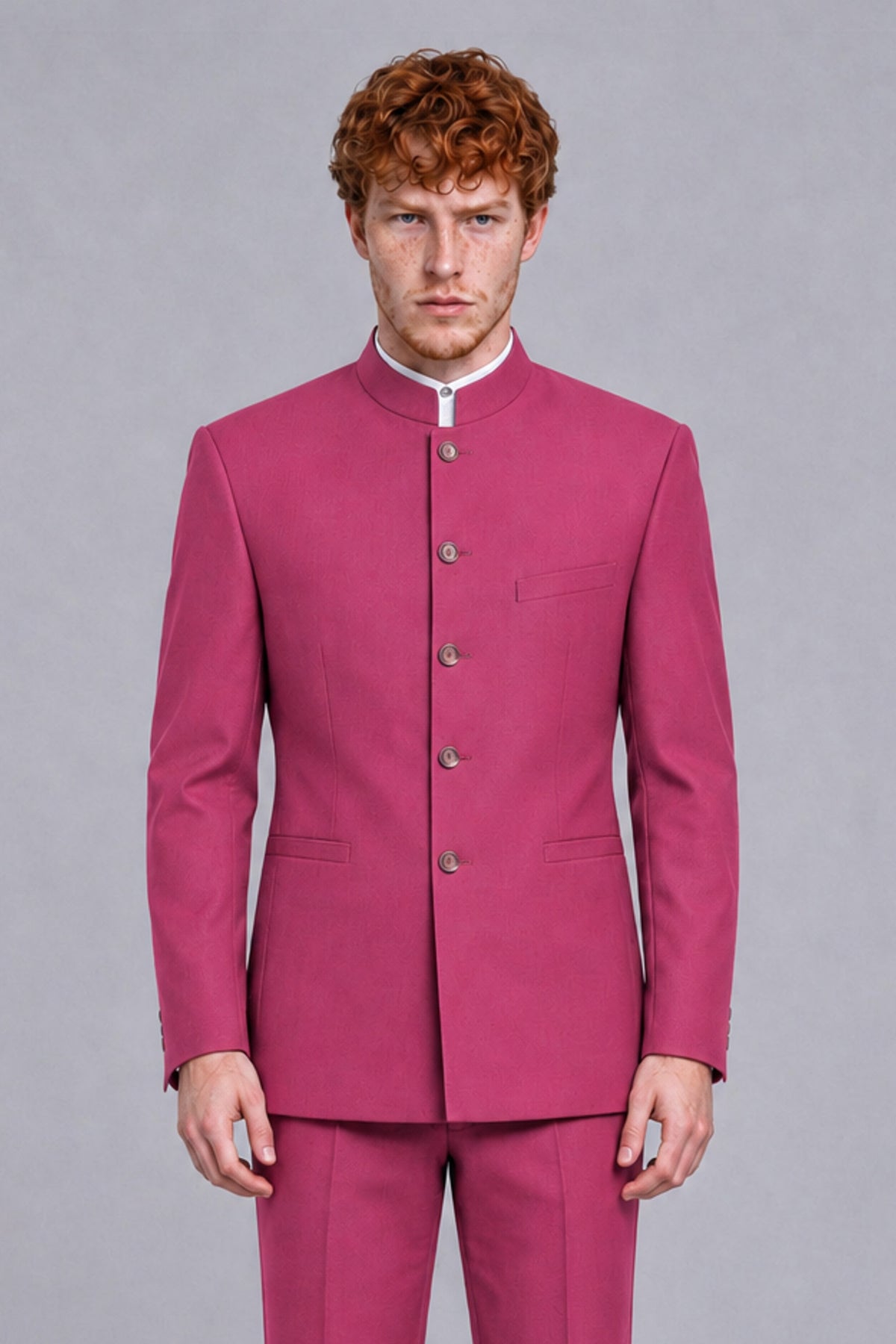 BOLODOO Men's Hot Pink Mandarin Collar Two-Piece Suit - Hot Pink - Hot Pink_1