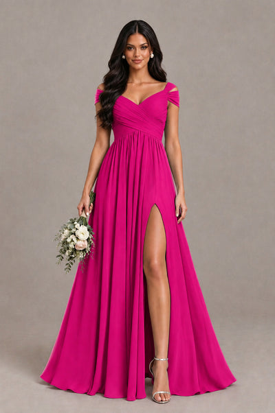 BOLODOO Hot Pink Cold Shoulder Chiffon Evening Dress with V Neck and High Slit - Hot Pink - Hot Pink_1