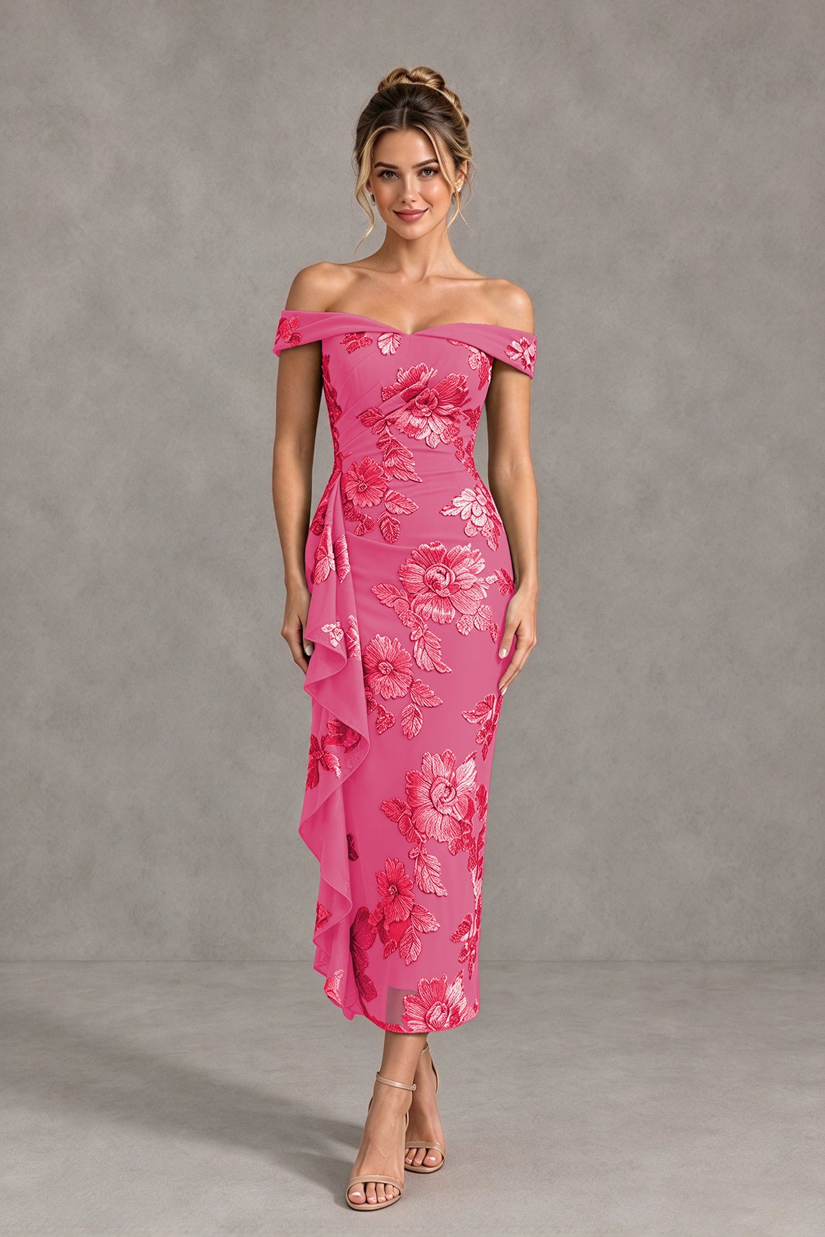 BOLODOO Hot Pink Off Shoulder Floral Jacquard Midi Dress - Hot Pink - Hot Pink(1)