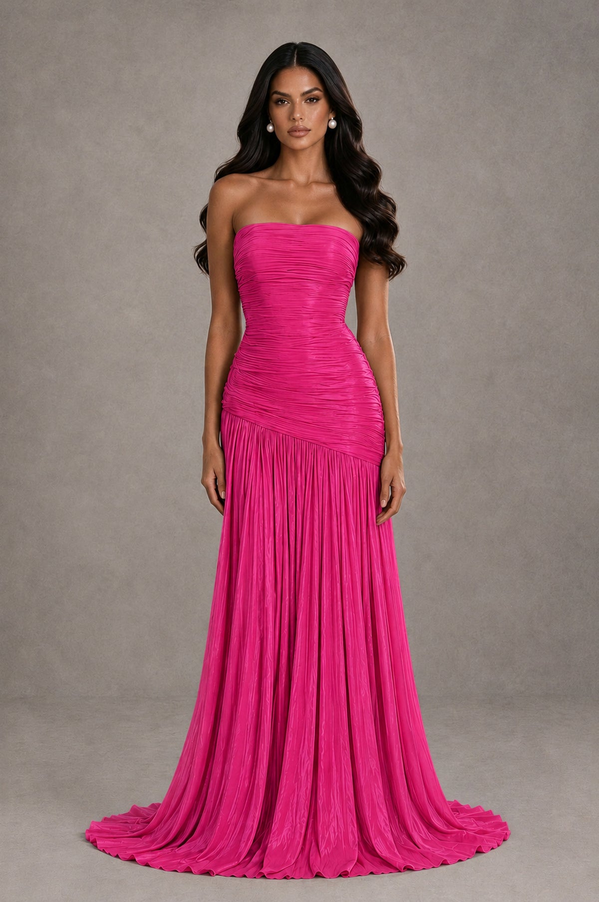 BOLODOO Hot Pink Metallic Ruched Strapless Pleated A-Line Backless Maxi Dress with Train - Hot Pink - Hot Pink_1