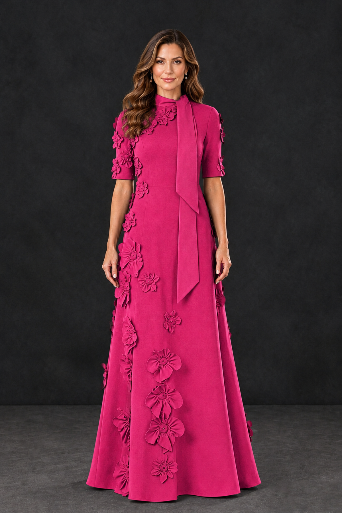 BOLODOO Hot Pink Floral Applique High-Neck Half-Sleeve Gown - Hot Pink - Hot Pink_1