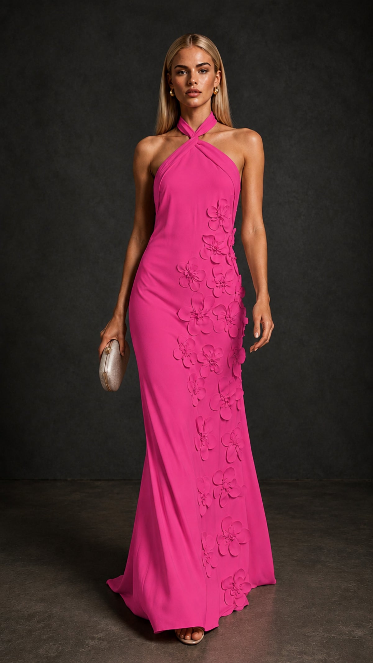 BOLODOO Hot Pink Cross Halter Neck 3D Floral Appliqué Backless Mermaid Maxi Gown - Hot Pink
