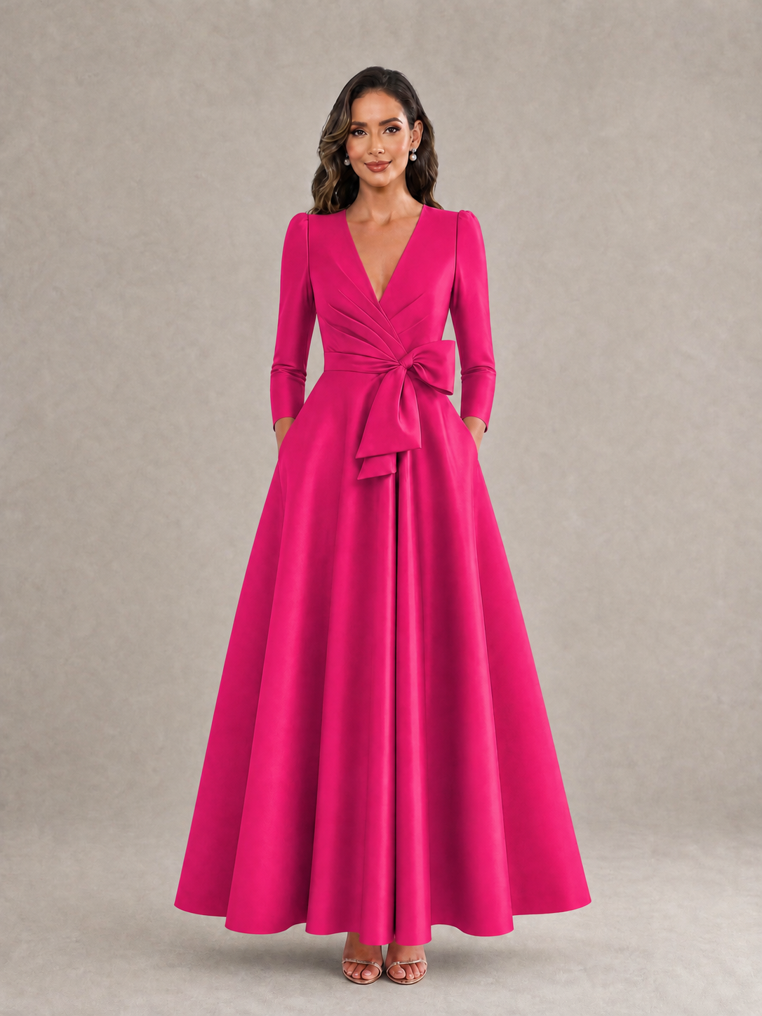 BOLODOO Hot Pink Satin Deep V-Neck Wrap 3/4 Puff Sleeve A-Line Ball Gown Maxi Dress with Oversized Bow Belt - Hot Pink
