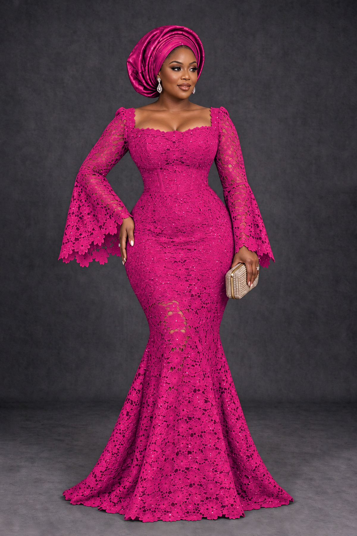 BOLODOO Hot Pink African Lace Mermaid Dress, Plus Size Nigerian Wedding Guest Gown with Bell Sleeves - Hot Pink - Hot Pink_1