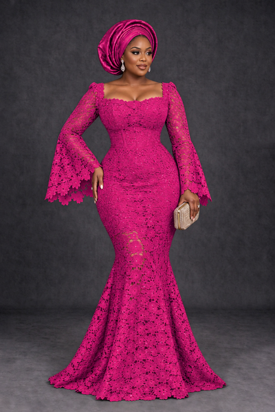 BOLODOO Hot Pink African Lace Mermaid Dress, Plus Size Nigerian Wedding Guest Gown with Bell Sleeves - Hot Pink - Hot Pink_1