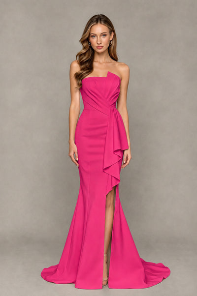 BOLODOO Hot Pink Strapless Mermaid Evening Dress with Ruffle Slit and Train - Hot Pink - Hot Pink_1