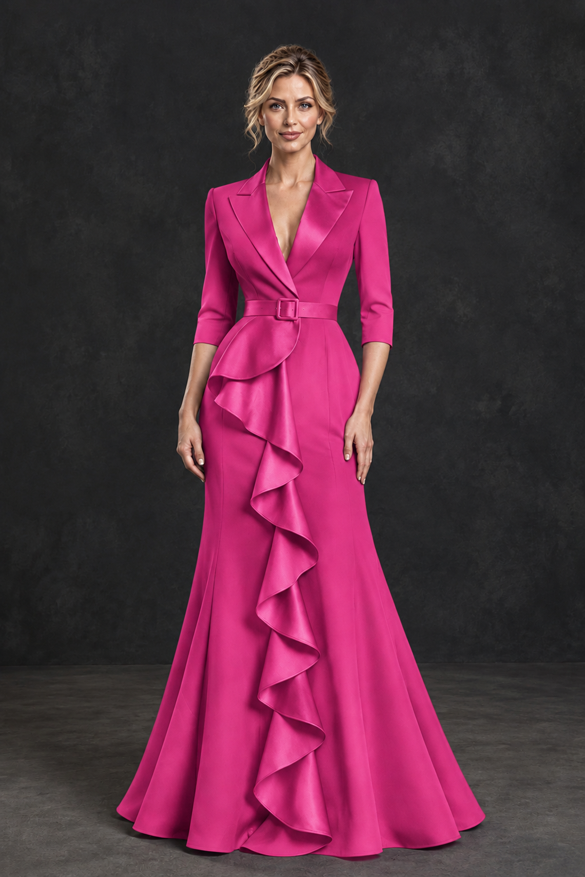 BOLODOO Hot Pink Lapel Ruffle Mother of the Bride Dress with Belt - Hot Pink - Hot Pink_1