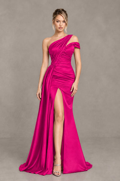 BOLODOO Hot Pink Asymmetric Ruched Formal Evening Dress - Hot Pink - Hot Pink_1