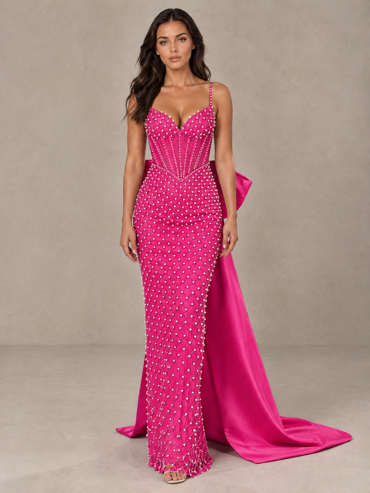 BOLODOO Hot Pink Beaded Corset Prom Dress with Bow Train - Hot Pink - Hot_Pink_1