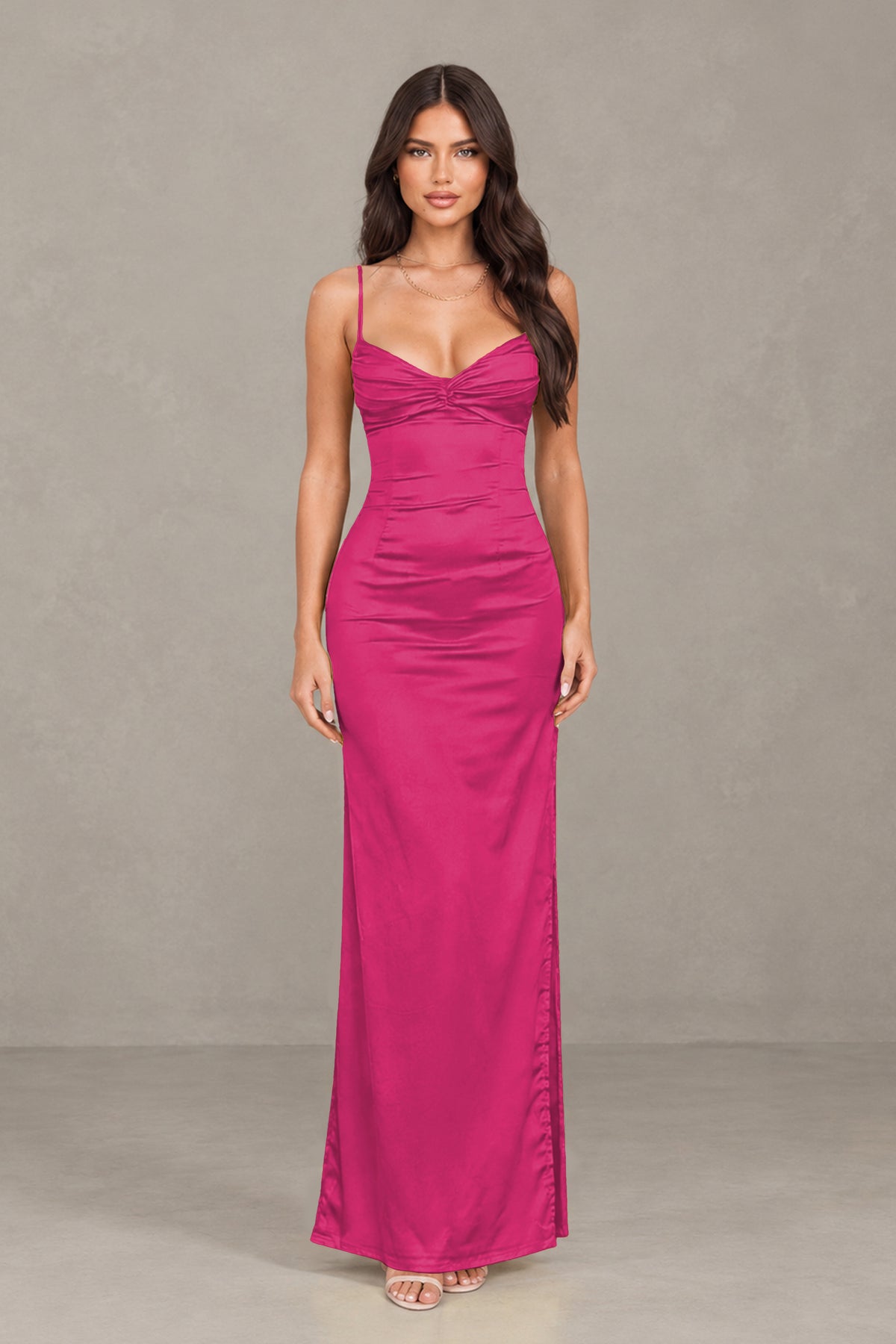 BOLODOO Hot Pink Satin Cowl Neck Open Back Mermaid Maxi Dress with Side Slit - Hot Pink