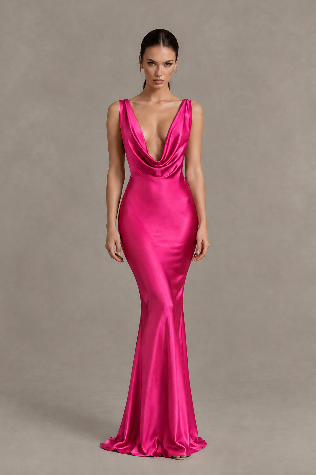 BOLODOO Hot Pink Cowl Neck Backless Satin Mermaid Evening Dress - Hot Pink - Hot Pink_1