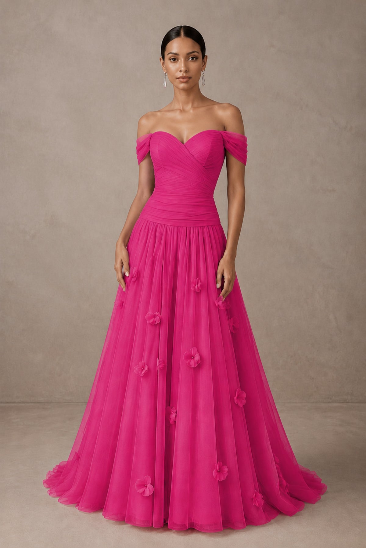 Hot Pink Off-Shoulder Sweetheart A-Line Tulle Gown with 3D Floral Appliques | BOLODOO - Hot Pink