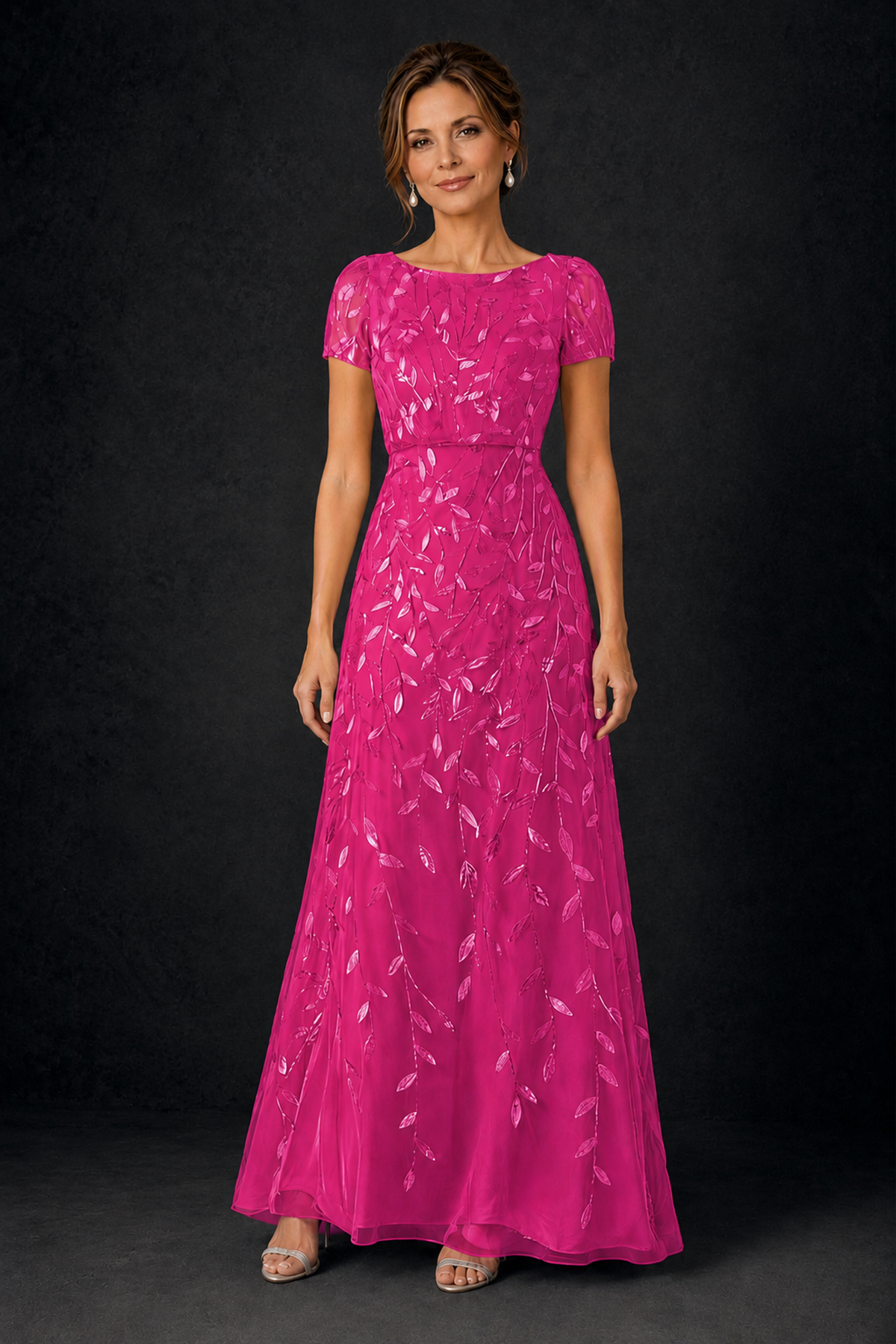 BOLODOO Hot Pink Leaf Embroidered A-Line Formal Gown with Cap Sleeves - Hot Pink - Hot_Pink_1