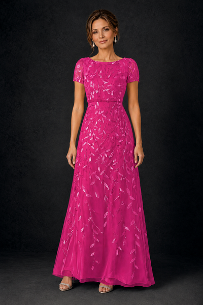 BOLODOO Hot Pink Leaf Embroidered A-Line Formal Gown with Cap Sleeves - Hot Pink - Hot_Pink_1
