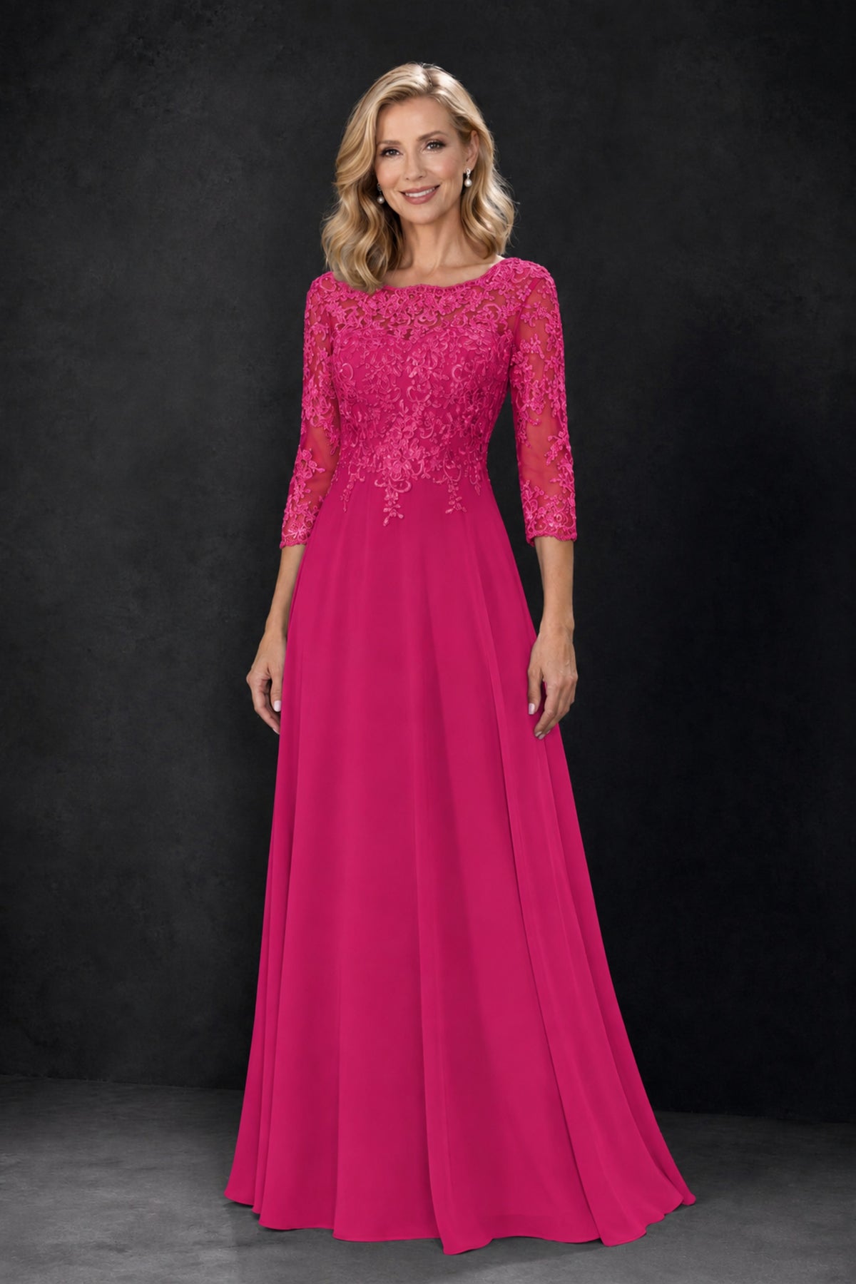 BOLODOO Hot Pink Lace Embroidered Mother of the Bride Dress with 3/4 Sleeves - Hot Pink