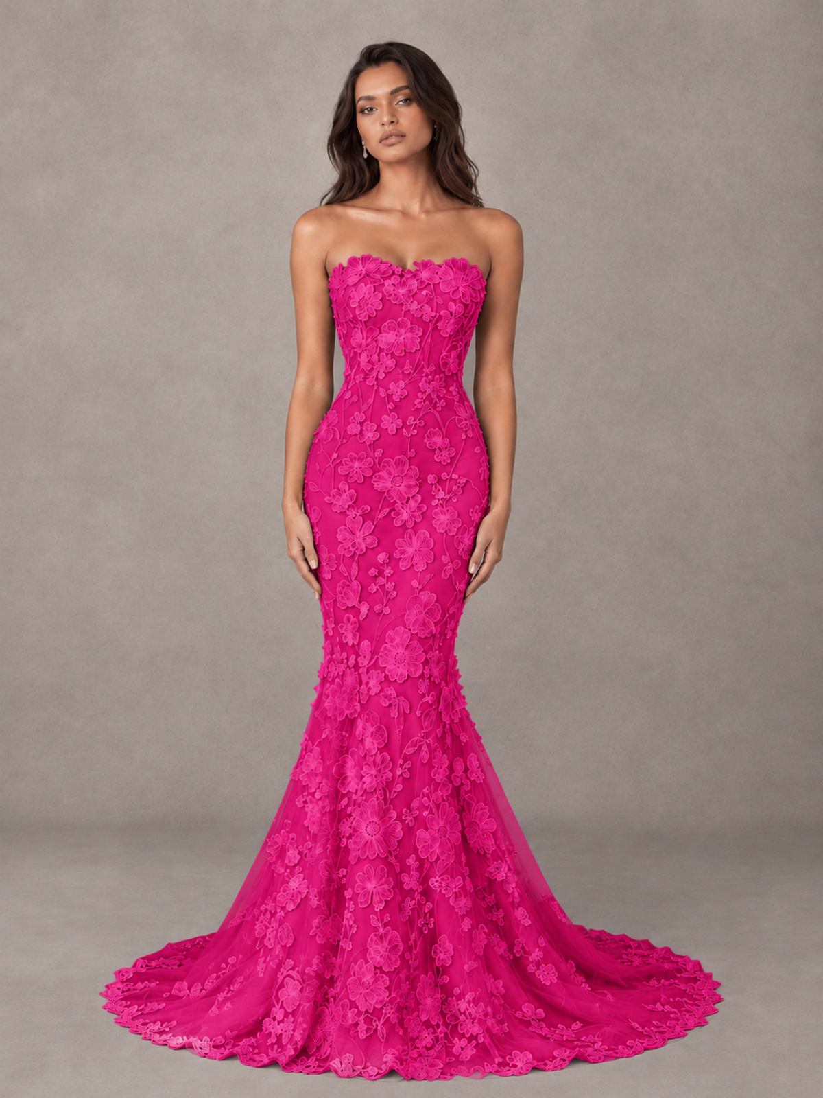 BOLODOO Hot Pink Strapless 3D Floral Lace Mermaid Prom Dress with Train - Hot Pink - Hot Pink_1
