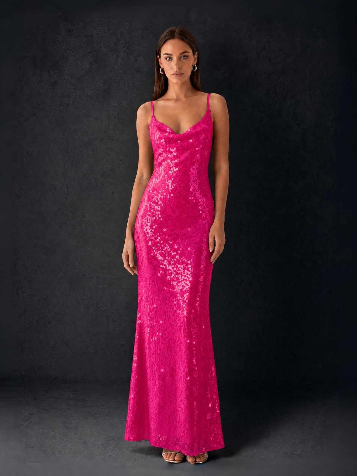 BOLODOO Bronze Sequin Cowl Neck Spaghetti Strap Mermaid Maxi Dress with Open Criss-Cross Back - Hot Pink - Hot Pink