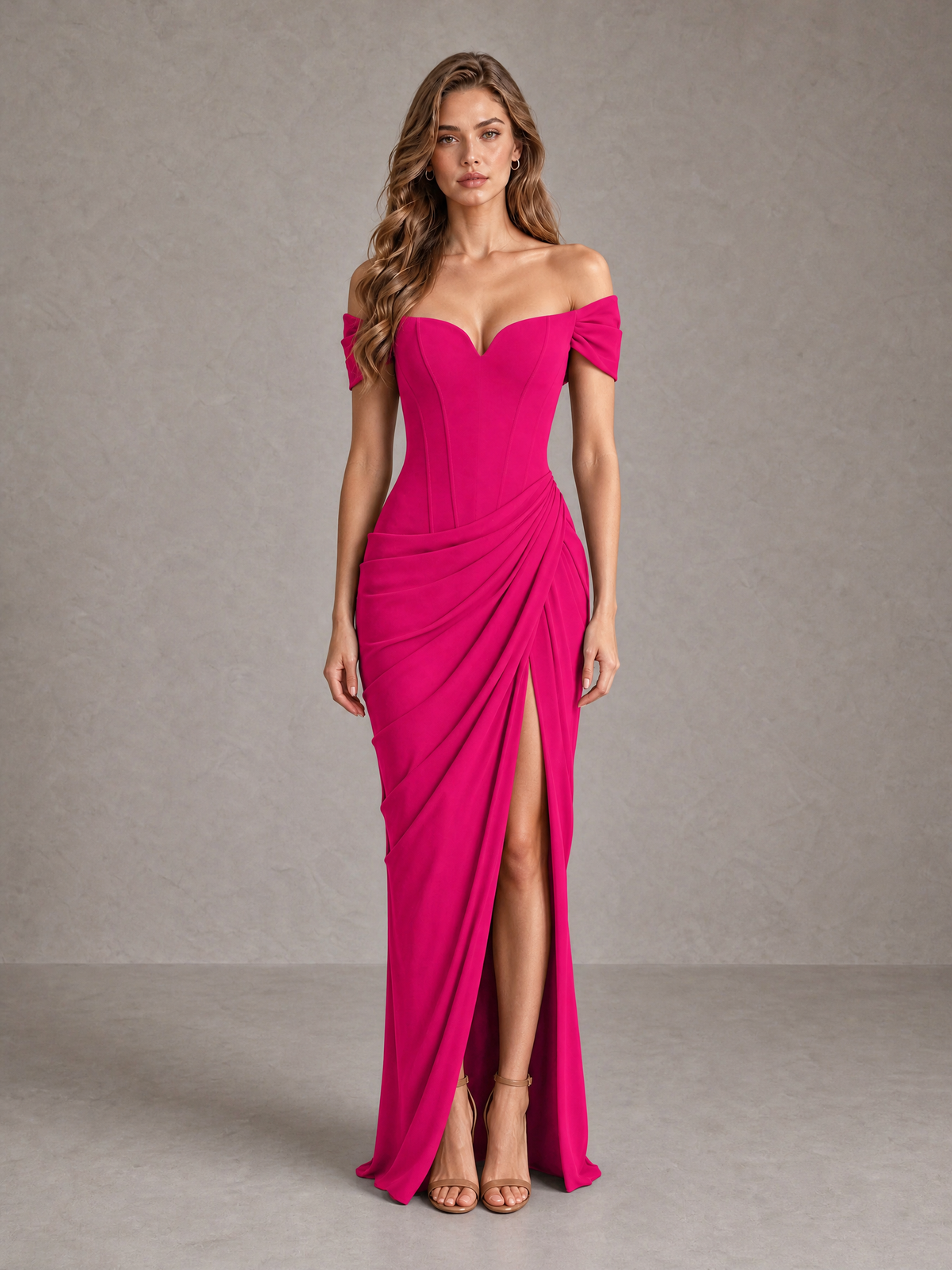 BOLODOO Hot Pink Off-Shoulder Ruched Corset Wedding Guest Dress with Slit - Hot Pink - Hot_Pink_1